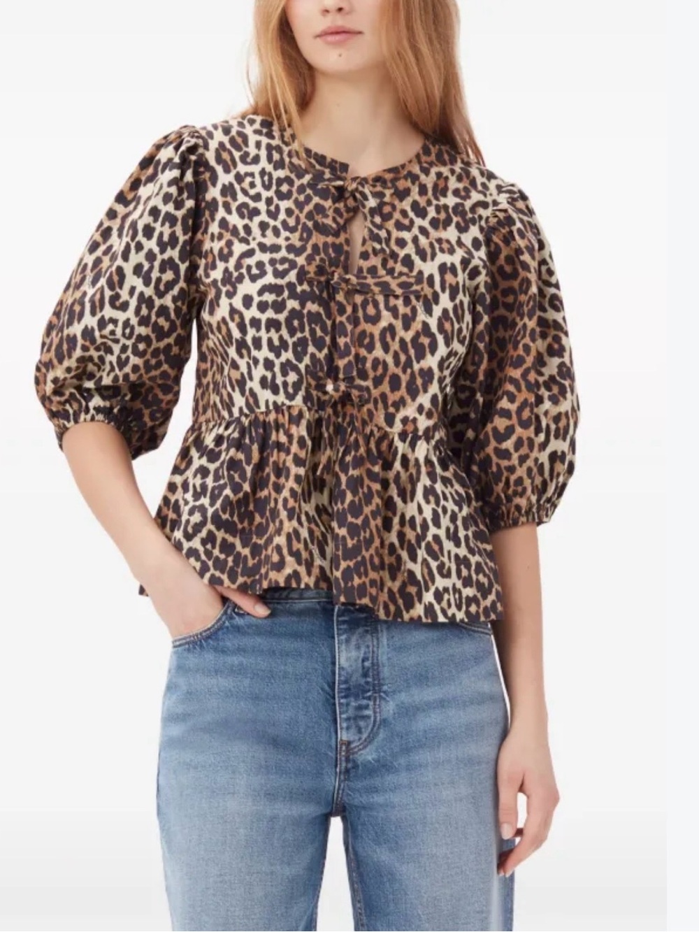 Leopard Print Puff-Sleeve Peplum Top - Brown